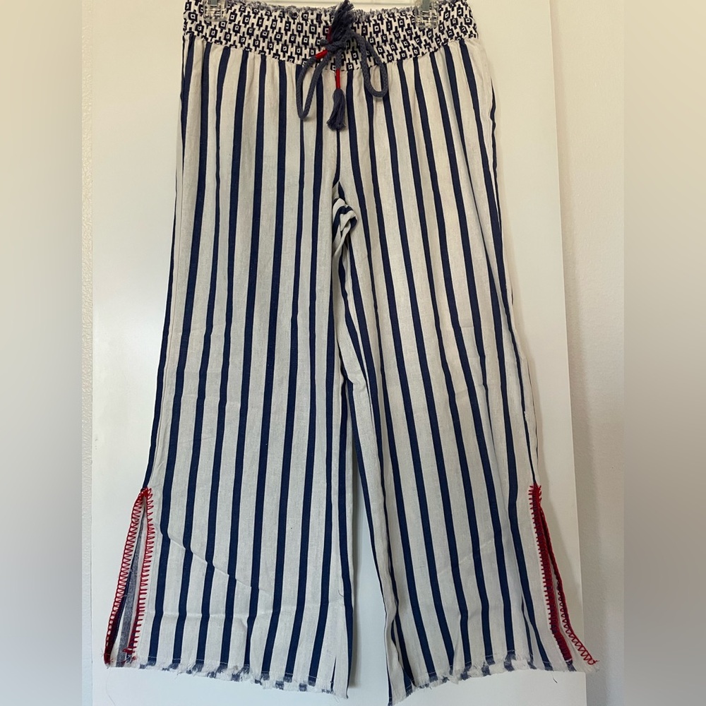 Indigo Rein LINEN Blend High Rise NWT Wide Leg Pull on Pants Blue Striped